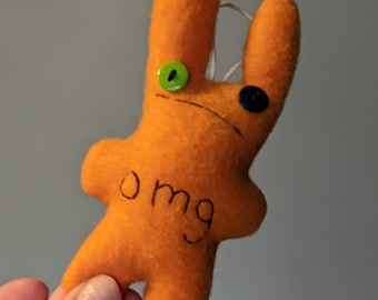 SMALL (ornament size) hangable omg bunny, shocked, orange