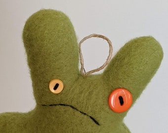 SMALL (ornament size) hangable f.ck bunny, forlorn, lime green