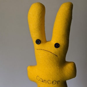 May include: A yellow felt toy shaped like a person with two arms and a sad face. The toy has two black button eyes and the word "Cancer" written on the front.