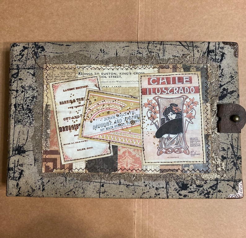 Vintage expandable ephemera holder, filled with assorted ephemera pieces handcrafted by Kat Urato, junk journal, vintage journal, handmade image 1