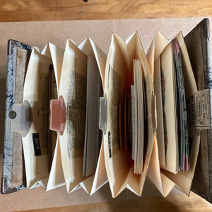 Vintage expandable ephemera holder, filled with assorted ephemera pieces handcrafted by Kat Urato, junk journal, vintage journal, handmade image 3