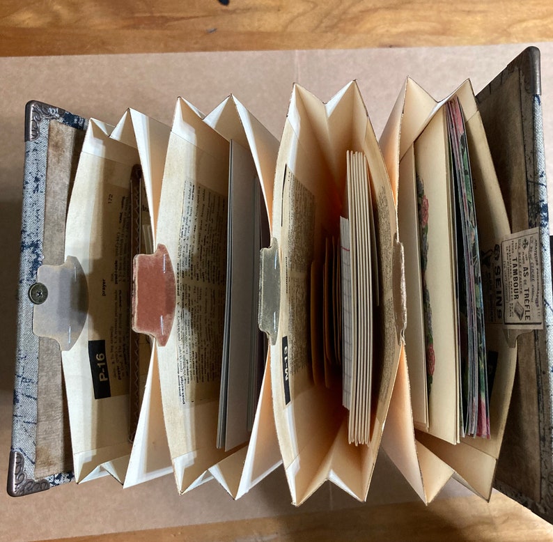 Vintage expandable ephemera holder, filled with assorted ephemera pieces handcrafted by Kat Urato, junk journal, vintage journal, handmade image 3