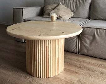 Handcrafted Pine and Oak  Round Wood Coffee Table, Modern