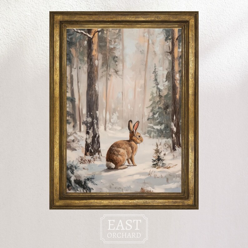Painted Winter Rabbit Vintage Winter Rabbit Digital Print, Christmas Decorations, Holiday ...