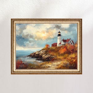 Impresión digital con estilo de pintura al óleo de faro de otoño, decoración del hogar, obra de arte vintage, decoración de sala de estar, arte imprimible