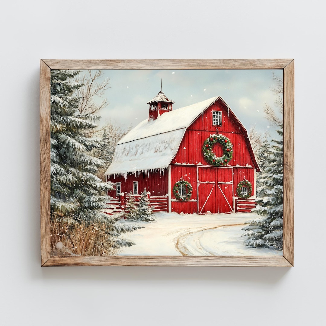 Vintage Christmas Barn Print, Digital Download, Vintage Oil Paint Style ...