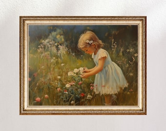 Little Girl Picking Flowers Vintage Print, Digital Print, Wild Flower Print, Home Decor, Vintage Girls Nursery, Vintage Oil Painting Style