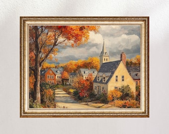 Stampa digitale autunnale del New England, opera d'arte in stile dipinto ad olio vintage, download digitale, decorazione per la casa, decorazioni autunnali, opere d'arte autunnali, arte autunnale