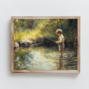 Vintage Little Boy Fishing Art, Digital Print, Vintage Oil Painting Style, Digital Download, Vintage Nursery, Boys Nursery, Fishing Artwork
