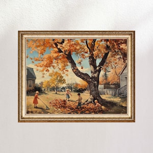 Fallen Leaves Digital Print, Kids Playing in a Pile of Leaves Print, Vintage Oil Painting Styled Print, Digital Download, Fall Home Decor