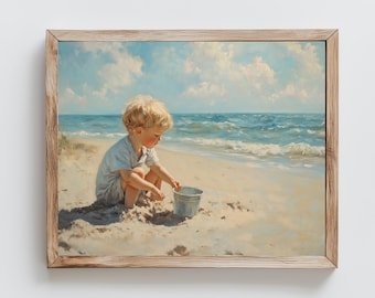 Vintage Little Boy Beach Digital Print, Digital Download, Oil Painting Style, Vintage Beach, Little Boy Art, Nursery Art, Vintage, Beach Art