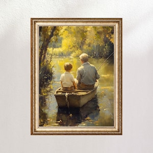Vintage Little Boy and Grandpa Fishing, Digital Print, Oil Painting Style, Digital Download, Vintage Nursery, Boys Nursery, Fishing Artwork
