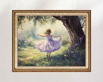 Vintage Little Girl Twirling Print, Lavender, Digital Print, Vintage Oil Painting Style, Floral Print, Spring Print, Vintage Nursery Print