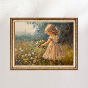 May include: A painting of a young girl in a white dress standing in a field of wildflowers. She is holding a bouquet of flowers in her hand and looking down at them. The background is a lush green field with trees in the distance.