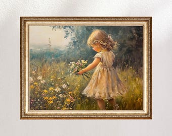 Little Girl Picking Flowers Vintage Print, Digital Print, Wild Flower Print, Home Decor, Vintage Girls Nursery, Vintage Oil Painting Style,