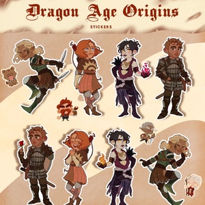 Peut inclure: Ensemble d'autocollants Dragon Age Origins représentant des personnages du jeu. Les autocollants sont colorés et présentent une variété de personnages, notamment une elfe féminine, une humaine féminine, un humain masculin et un nain masculin. Les autocollants sont parfaits pour ajouter une touche de Dragon Age à votre ordinateur portable, votre bouteille d'eau ou d'autres objets.