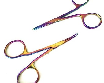 Set of 2 Multi Color Rainbow Hemostat Mosquito Forceps 3.5" Straight + Curved Without Ratchet Stainless Steel