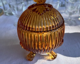 Vintage Westmoreland Amber Glass Tri-footed Round Drapery Candy Dish with Lid