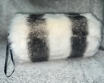 Faux fur white and grey striped hand muff Adult Only one at this price