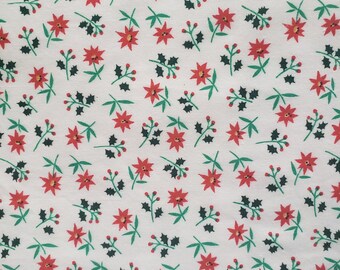 3 Yards Vintage Poinsettias and Holly on White Cotton Fabric Christmas Spring Mills