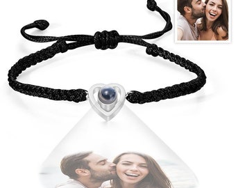 Personalize Nano Projection Bracelet, Custom Heart Shaped Photo Bracelet Braided Rope Bracelet Anniversary Gift, Personalized Bracelet