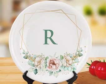 Assiettes à dîner monogramme personnalisées assiette en céramique de fleurs imprimée sur mesure avec initiale unique pour cadeaux de mariage