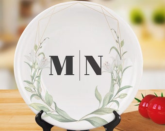 Custom Printed Flower Two Initials Ceramic Dinner Plates