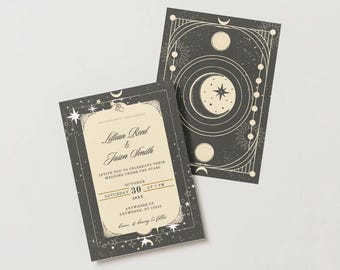 May include: Two celestial-themed wedding invitations. The front card features the names "Lillian Reed & Jason Smith" and event details. The back card has a moon and star design. The cards are dark gray with cream and white accents.