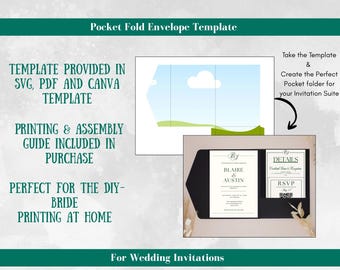 ポケット折り結婚式招待状テンプレート：5x7三つ折りデザイン（SVG、PDF、Canva編集可能）