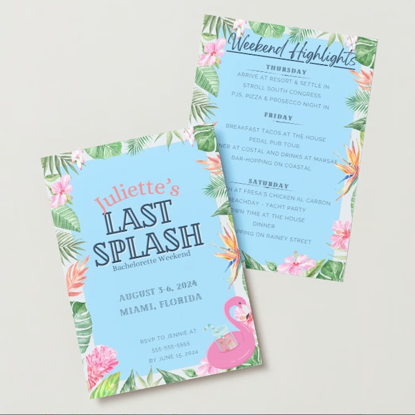 Tropical Bachelorette Editable Invitation | Last Splash Invite Template | Bachelorette Party Invitation | Last Splash Invite and Itinerary