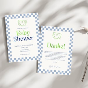 Invitación digital para baby shower y tarjeta de agradecimiento: plantilla azul y verde para baby shower, Pop Art de Pinterest (Canva): personalizable, descarga instantánea