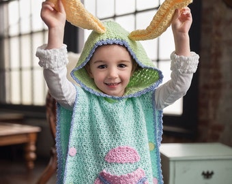 Crochet Bunny Poncho Pattern Boys And Girls -Crochet Egg Pouch To Stash Candy And Eggs - Easter Crochet Poncho Pattern - 18 mos - Size 12