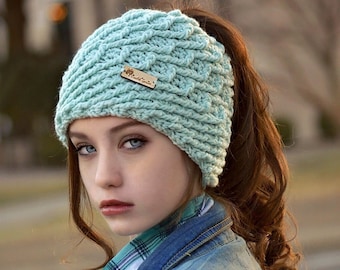 Winter Solstice Messy Bun Beanie  - Crocheted Ponytail Hat - Messy Bun Hat - Ponytail Hat - Crochet Garden Design Made To Order: Many colors