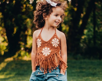 Patrón de crochet para cuello halter con girasoles y margaritas, para bebés y niñas, talla 9