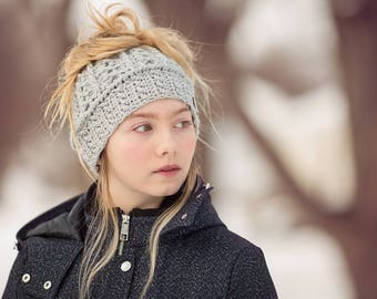 Winter Wolf Messy Bun Beanie  - Crocheted Ponytail Hat - Messy Bun Hat - Ponytail Hat - Crochet Garden Design Made To Order: Many colors