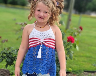 Crochet Pattern For 4th Of July Halter Top 6 Months Through Girls Size 10, Lace And Stripes Crochet Pattern