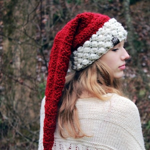Padrão de crochê para chapéu de Papai Noel com pompom longo - Instruções/Termos dos EUA | Padrão de crochê para chapéu de Papai Noel para homens, mulheres e crianças