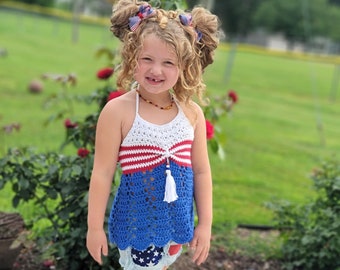 Crochet Pattern For 4th Of July Halter Top 6 Months Through Girls Size 10, Lace And Stripes Crochet Pattern