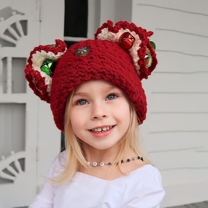 Jingle Bell Hat Crochet Pattern For Babies And Kids With Fold Up Brim And Optional Ruffle Pom Poms, Perfect for Christmas Photos Santa Visit