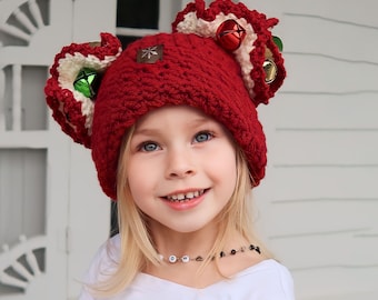 Patrón de crochet para gorro con cascabeles para bebés y niños, con ala plegable y pompones opcionales, perfecto para fotos navideñas y la visita de Papá Noel.
