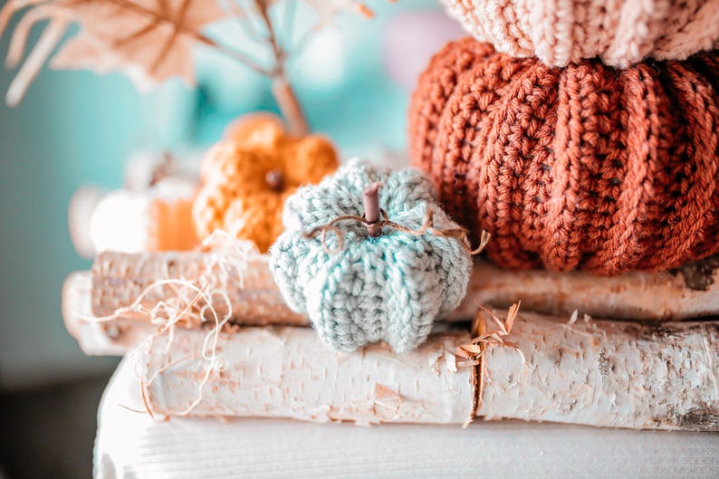 May include: A collection of handmade, knitted pumpkins in various colors, including teal, orange, and rust. The pumpkins are arranged on birch logs, creating a rustic and autumnal display. The pumpkins are a cozy fall decoration.