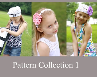 Garden Girls Collection 1 - Three Crochet Patterns For Kids - Crochet Headband Pattern With Flower - Beret Pattern - Beanie Pattern