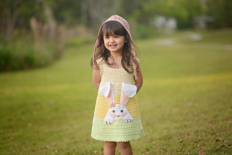 Crochet Bunny Dress Pattern, Easter Crochet Sundress Pattern, Girls Crochet Dress Pattern, Spring Dress Crochet Pattern 12 mos Size 10 image 1