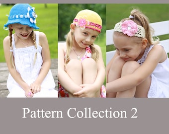 Garden Girls Collection 2 - Three Crochet Patterns For Kids -  Sunhat Pattern - Crochet Headband Pattern With Flower - Beanie Pattern