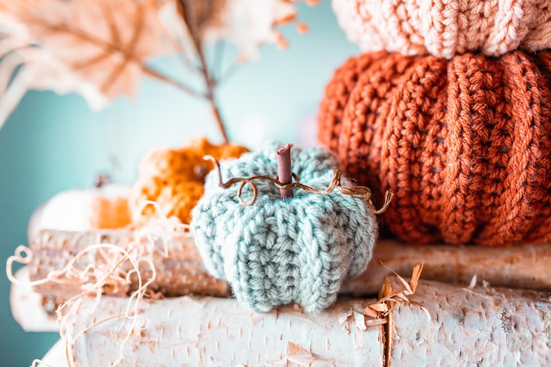 May include: A collection of handmade knitted pumpkins in shades of orange, light blue, and beige. The pumpkins are arranged on a rustic wooden surface, with dried leaves and twigs adding to the autumn theme. The pumpkins vary in size and texture.
