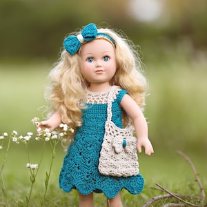 18 "Puppen Häkelkleid, Häkelpuppe Stirnband Häkelmuster, Häkelpuppe Geldbörse Taschenmuster - Summergirl Puppenset