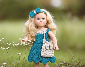 18" Doll Crochet Dress Pattern, Crochet Doll Headband Pattern, Crochet Doll Purse Bag Pattern - Summergirl Doll Set