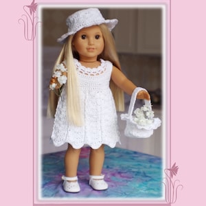 Lilia&#39;s Afternoon Walk Crochet Sunhat, Dress and Basket Pattern To Fit 18 inch Dolls