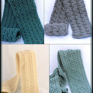 Puede incluir: Cuatro bufandas de ganchillo en diferentes colores y patrones. Las bufandas son de color turquesa, gris, crema y azul claro.