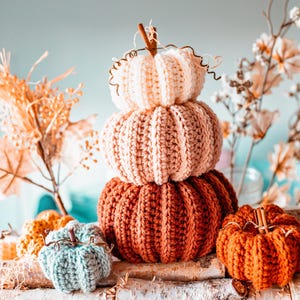 May include: A stack of three crocheted pumpkins in shades of cream, peach, and rust-orange, with a small, teal pumpkin in front. The pumpkins are arranged on a birch log, with dried flowers in the background. The pumpkins have cinnamon stick stems.